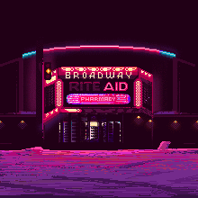 Pixel Art rendition of a neon lit drugstore at night