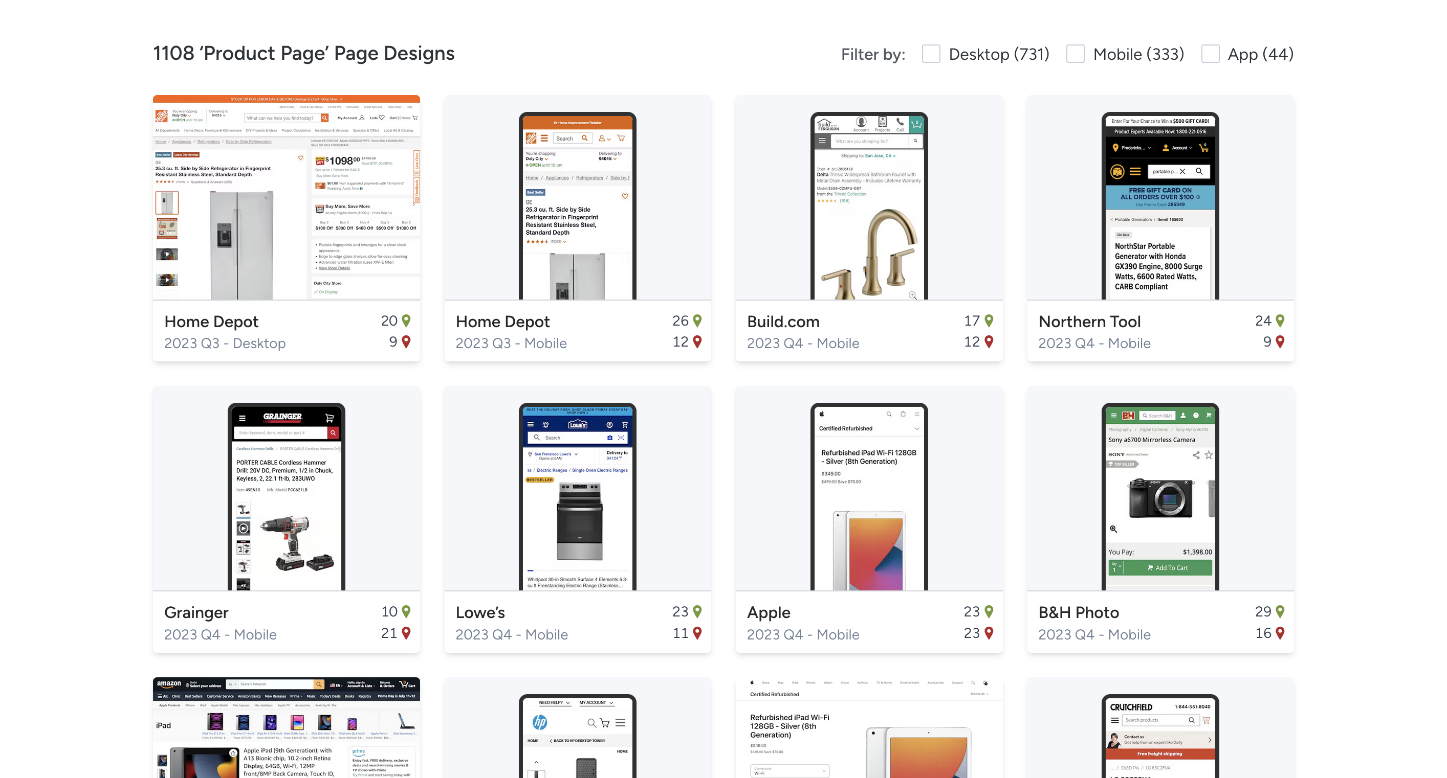 A screenshot of the Baymard website, showing 1108 examples of product page designs from across the web.