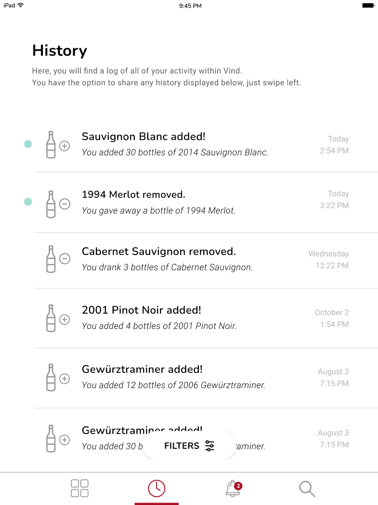 History of app use, including when which bottles were added and removed from the collection