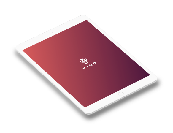 A floating iPad showing the splashscreen for the Vind app: a white logo depicting grapes and the word 'VIND' against a gradient backdrop.