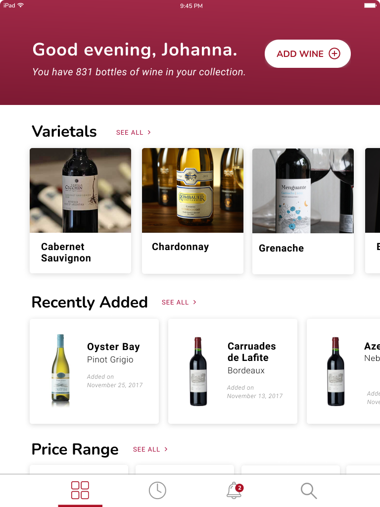 Homescreen of Vind app design showing wine collection categories