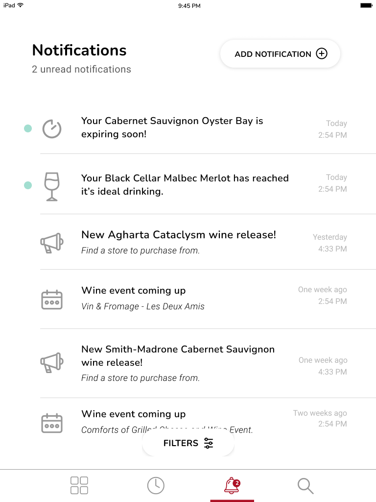 Viewing notifications for the collection including expirations, and wine releases